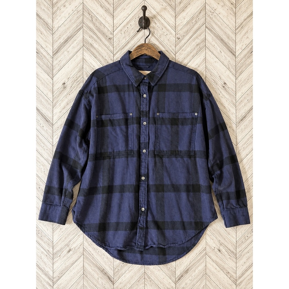 Aerie Flannel Boyfriend Button Down Oversized Navy Blue Black Plaid Shirt Small